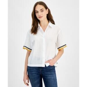 Nautica Jeans Women's Short Sleeve Crochet Trim Top in Bright White